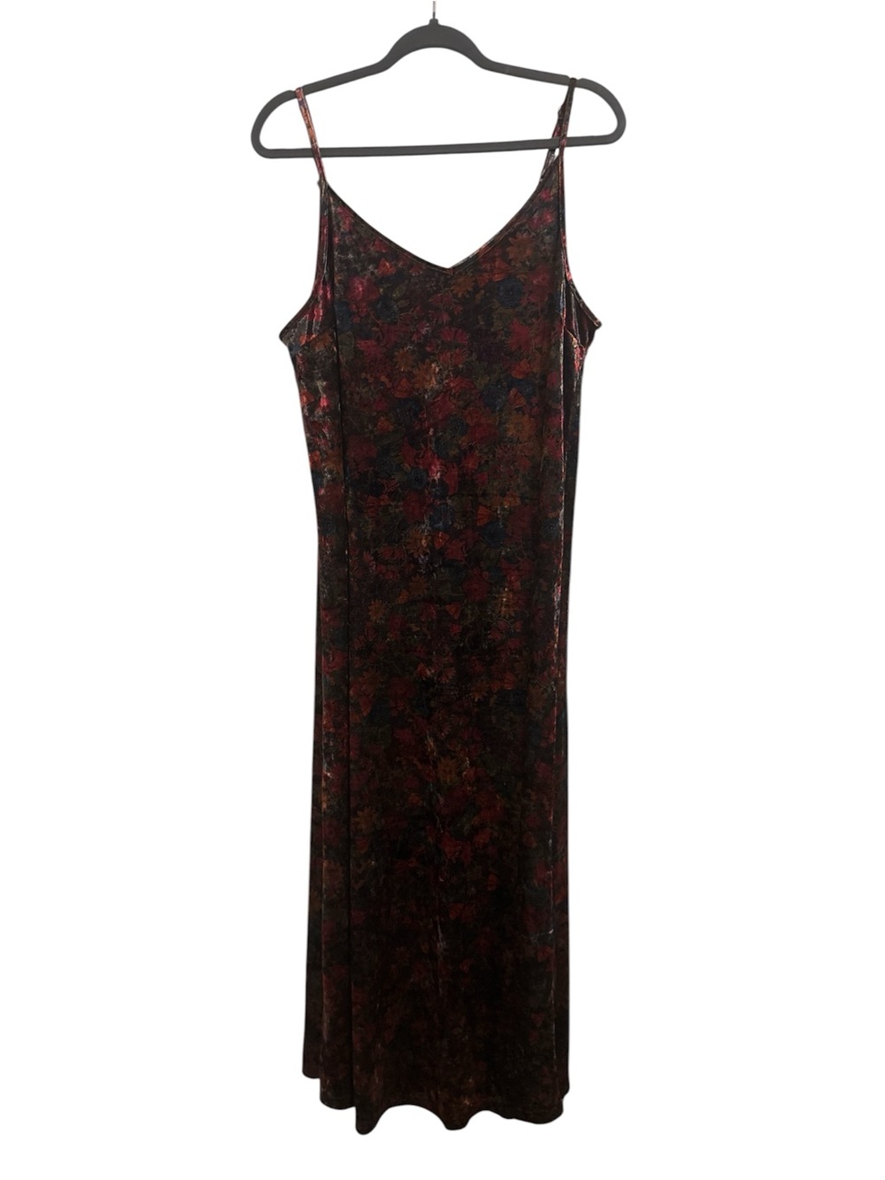 NATURAL LIFE Dark Floral Velvet Slip Maxi Dress in Red and Blue Accents